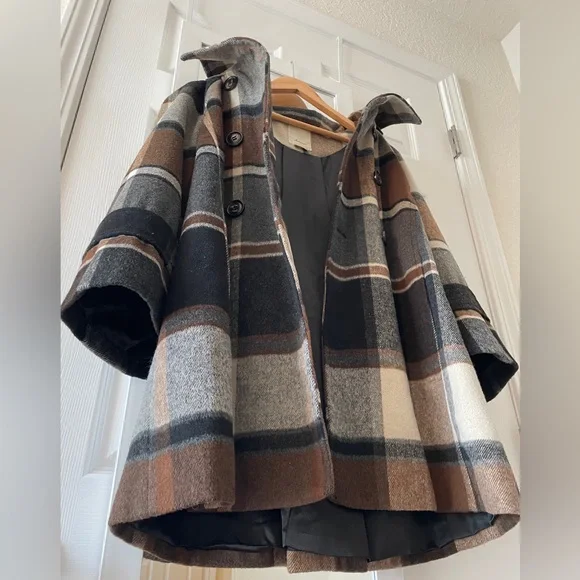 Anthropologie Elevenses Hampden Brown Plaid Hooded Wool Coat XS - Picture 9 of 11
